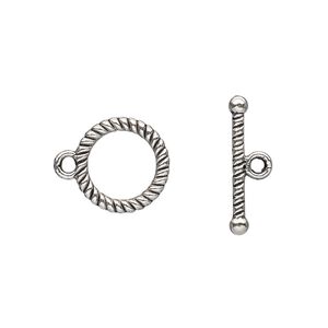Clasp toggle 1pkg20 silver-plated "pewter" (zinc alloy), 13mm double-sided round, antique 1-strand