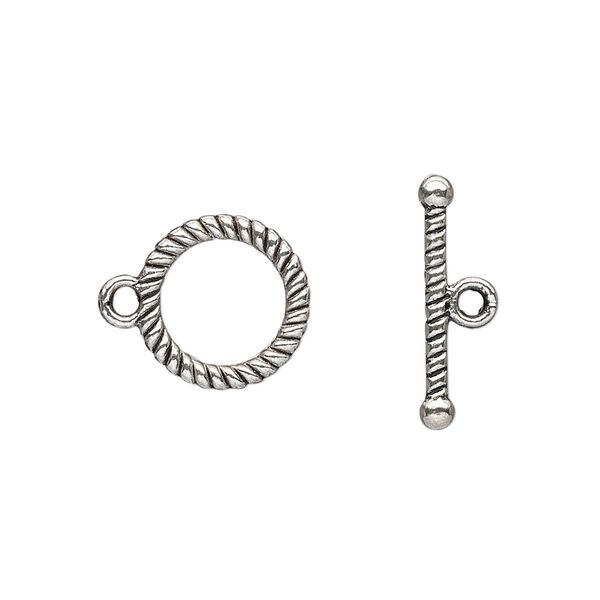 Clasp, toggle, antique silver-plated "pewter" (zinc-based alloy), 13mm double-sided round with rope design. Sold per pkg of 20. image number 0