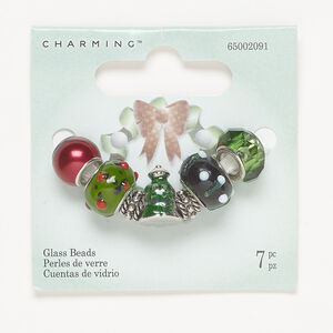 Bead assortment 1pkg7, glass / enamel / antique silver-finished brass and stainless steel, red / green / white, 7x5mm-15x10mm mixed shapes.