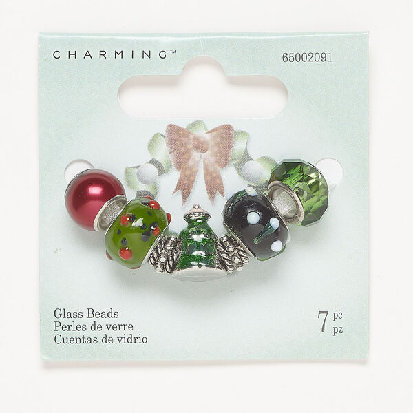 Bead assortment 1pkg7, glass / enamel / antique silver-finished brass and stainless steel, red / green / white, 7x5mm-15x10mm mixed shapes. image number 0