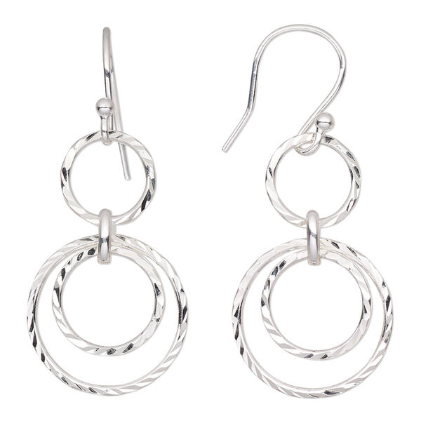 Earring, Create Compliments®, sterling silver, 40mm diamond-cut 3-ring design and fishhook ear wire, 21 gauge. Sold per pair. image number 0