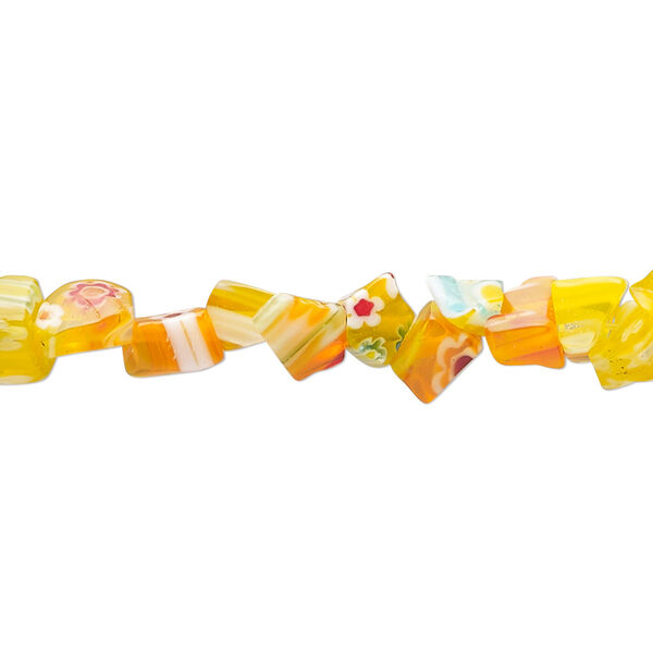 Bead, millefiori glass, translucent yellow / orange / multicolored, small chip. Sold per 32-inch strand. image number 0