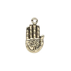 Charm, antique gold-finished "pewter" (zinc-based alloy), 20x12mm single-sided hand with Om symbol. Sold per pkg of 4.