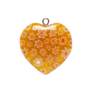 Drop, millefiori glass and silver-finished steel 1pkg1, translucent red / orange / white, 24-26mm puffed heart.
