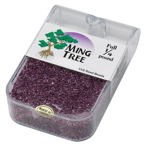 Seed bead, Ming Tree™, glass, pkg/1/4 pound, #11 round, transparent color-lined amethyst purple.