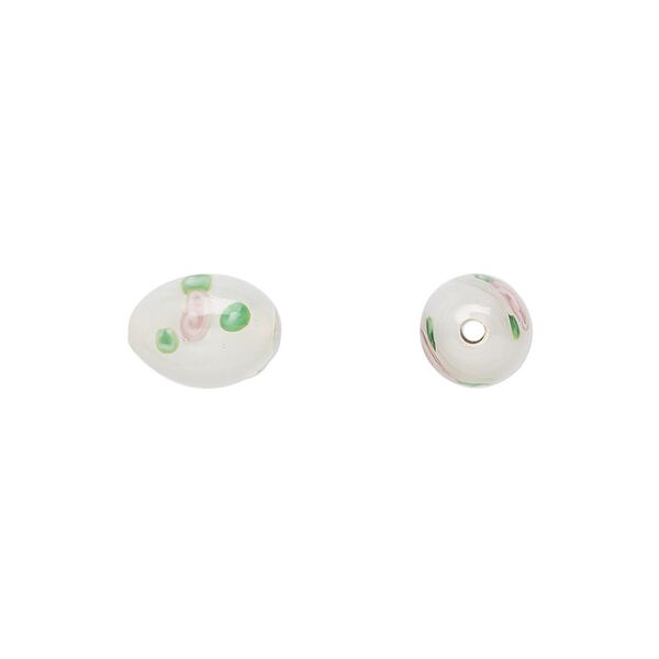 Bead, Czech lampworked glass, opaque white / pink / green, 9x6mm-10x7mm olive with flower design. Sold per pkg of 4. image number 0