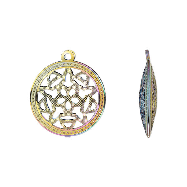 Drop, electro-coated stainless steel, rainbow, 18mm double-sided domed round with textured cut-out star design. Sold per pkg of 6. image number 0