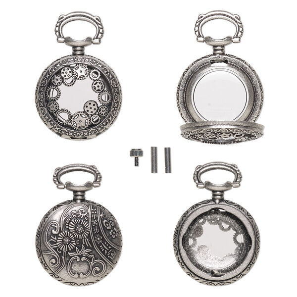 Watch body, acrylic and antique silver-finished "pewter" (zinc-based alloy), transparent clear, 41x27mm with 27mm round and gear with floral design. Sold per 5-piece set. image number 0