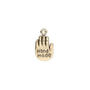 Charm, antique gold-finished "pewter" (zinc-based alloy), 13x9mm double-sided hand with "Hand Made." Sold per pkg of 20.