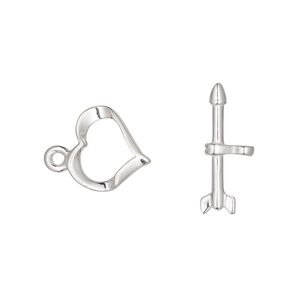 Clasp toggle 1pkg1 sterling silver, 13x11mm heart / arrow, 1-strand