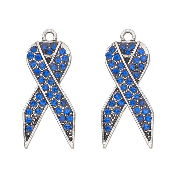 Charm, antique silver-finished "pewter" (zinc-based alloy) and glass, blue, 27x13mm single-sided awareness ribbon. Sold per pkg of 2. image number 0