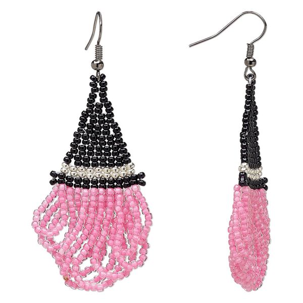 Circle of Hope earring, seed beads and electro-coated steel, pink and black, 2-3/4 inch witch's hat with fishhook ear wire. Only one pair available. image number 0