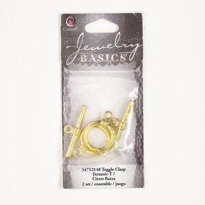 Clasp toggle 1pkg2, 18mm round, gold-finished brass 1-strand