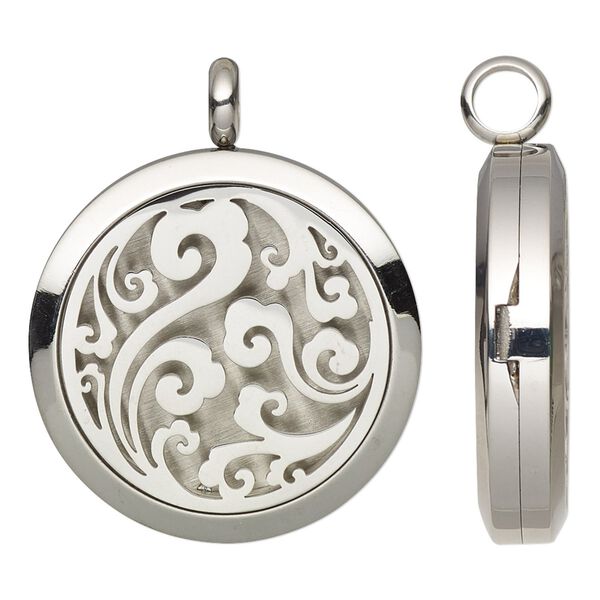 Pendant, Everyday Jewelry, stainless steel, 37x30mm hinged round locket with single-sided cutout swirl and magnetic closure. Sold individually. image number 0