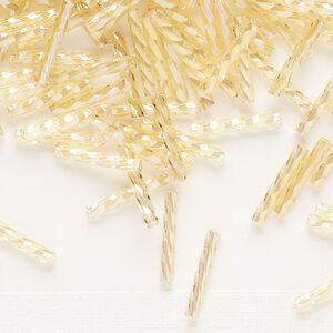 Bugle bead, Dyna-Mites™, glass, transparent rainbow light gold, 12mm twisted. Sold per 50-gram pkg.