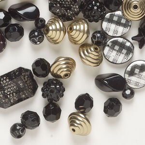 Bead mix 1pkg96, acrylic, black / white / gold, 6mm-24x16mm mixed shapes.