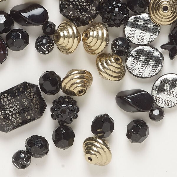 Bead mix 1pkg96, acrylic, black / white / gold, 6mm-24x16mm mixed shapes. image number 0