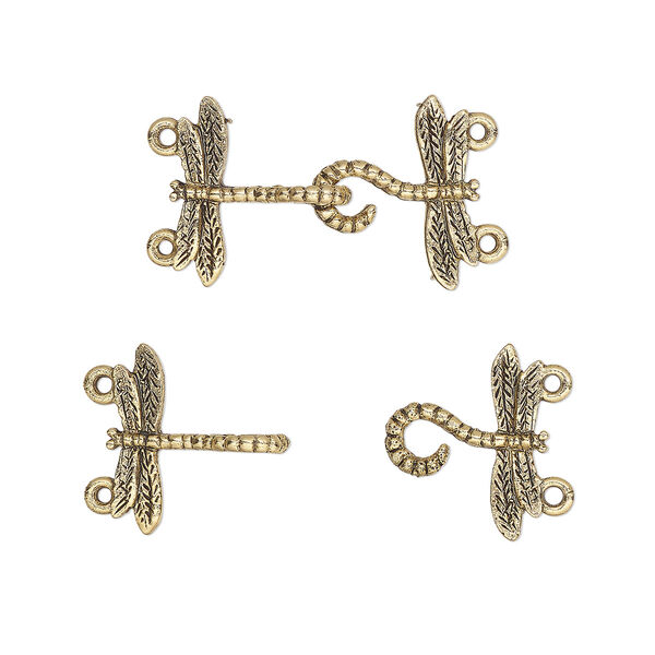 Clasp, 2-strand hook-and-eye, antique gold-plated pewter (tin-based alloy), 33x18mm dragonfly. Sold individually. image number 0
