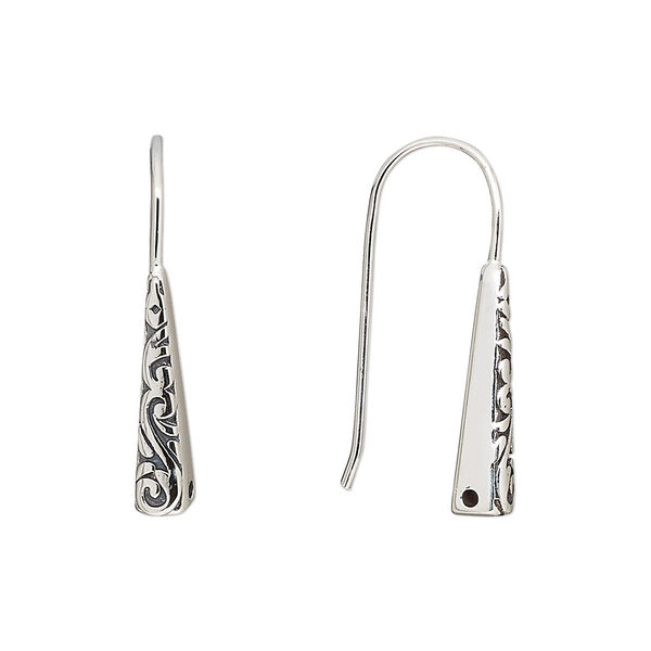 Ear wire, antiqued sterling silver, 25mm fishhook with fancy design and hole, 21 gauge. Sold per pair. image number 0