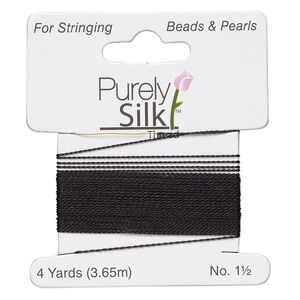 Thread, Purely Silk™, black, light-medium, size #1.5, 5-pound test. Sold per 4-yard card.