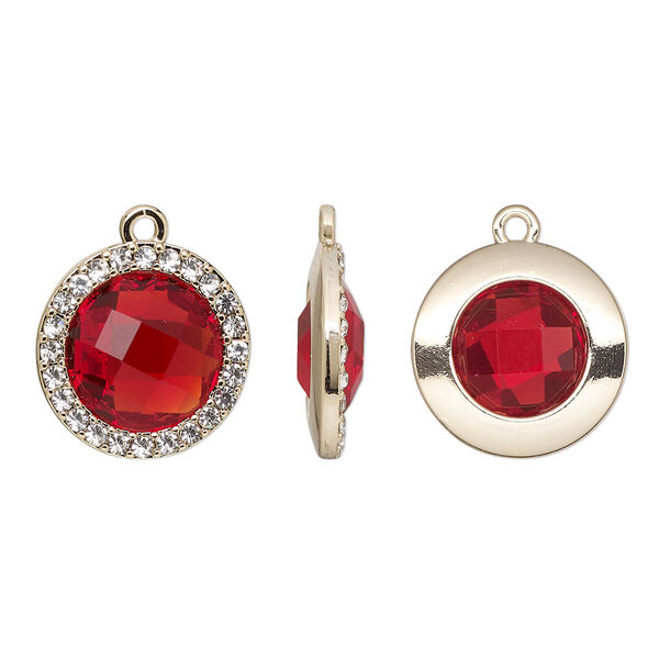 Drop, glass / glass rhinestone / gold-finished "pewter" (zinc-based alloy), clear and transparent ruby red, 19mm single-sided round. Sold per pkg of 2. image number 0