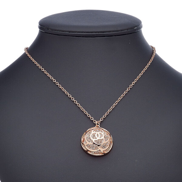 Necklace, glass rhinestone with copper-finished steel and "pewter" (zinc-based alloy), clear, 30.5mm domed round with flower cutout design, 18 inches with 2-inch extender chain and lobster claw clasp. Sold individually. image number 0