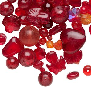 Bead mix, glass, translucent and transparent multi-red, 5mm-30x19mm mixed shapes. Sold per 1/4-pound pkg, approximately 90 beads.