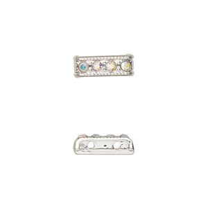 Spacer bar, silver-finished "pewter" (zinc-based alloy) and glass, clear AB, 12.5x4.5mm rectangle, 2-strand with crystals on one side, fits up to 6mm beads. Sold per pkg of 6.