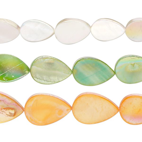 Bead mix, mother-of-pearl shell (bleached / dyed), multicolored AB, 10x7mm-15x11mm flat teardrop with 0.4-0.6mm hole, Mohs hardness 3-1/2. Sold per pkg of (3) 15-inch strands. image number 0