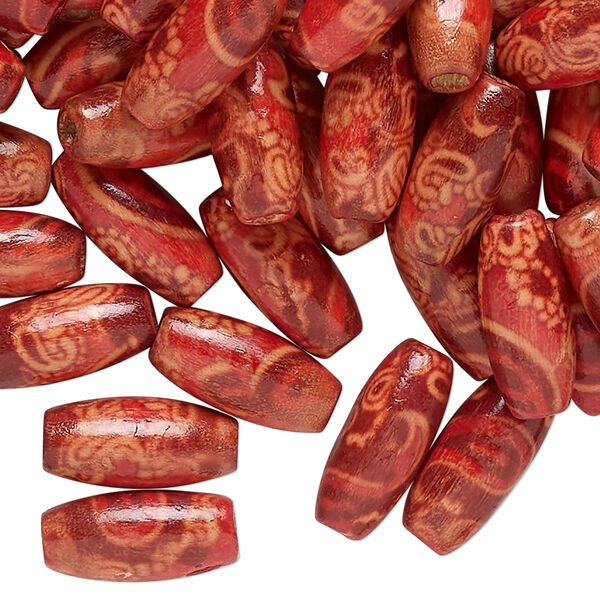 Bead, wood (coated), red-brown, tan and brown, 15x7mm oval. Sold per pkg of 500. image number 0