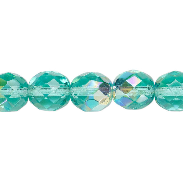 Bead, Czech fire-polished glass, light aqua AB, 10mm faceted round. Sold per 15-1/2" to 16" strand. image number 0