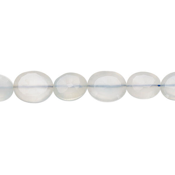 Bead, blue chalcedony (dyed), light, 8x7mm-10x8mm hand-cut faceted puffed oval, C grade, Mohs hardness 6-1/2 to 7. Sold per 8-inch strand. image number 0