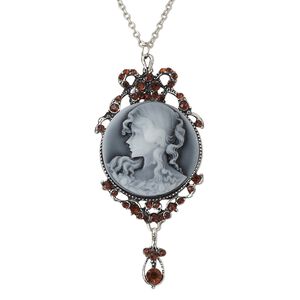 Necklace, antique silver-plated "pewter" (zinc-based alloy) and steel and acrylic, black / white / dark orange, 87x41mm teardrop cameo with woman, 32 inches with lobster claw clasp. Sold individually.