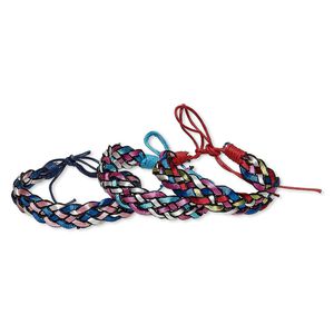 Bracelet mix, cotton and nylon, mixed metallic colors, 12mm wide, adjustable from 6-1/2 to 8-1/2 inches with tie closure. Sold per pkg of 3.