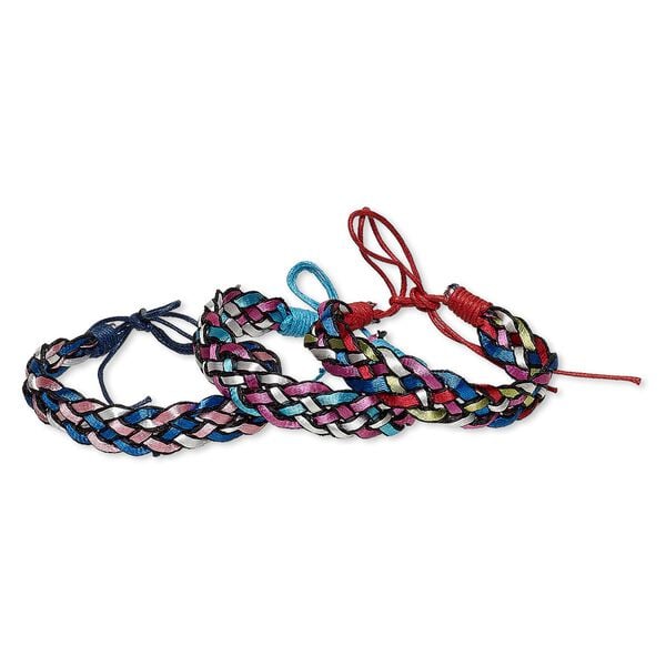 Bracelet mix, cotton and nylon, mixed metallic colors, 12mm wide, adjustable from 6-1/2 to 8-1/2 inches with tie closure. Sold per pkg of 3. image number 0