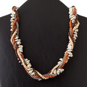 Necklace, 5-strand, white agate (dyed) / wood / silver-finished brass / steel, medium and dark brown, twisted, 21 inches with 4-inch extender chain and lobster claw clasp. Sold individually.