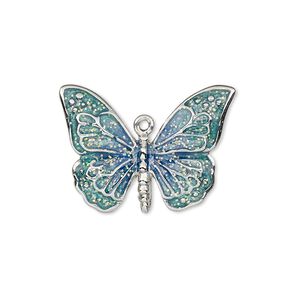 Charm, enamel and imitation rhodium-plated "pewter" (zinc-based alloy), blue and green with glitter, 26x19mm single-sided butterfly. Sold individually.