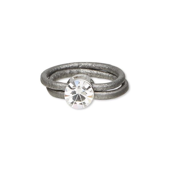 Ring, 2-strand, leather (coated) / Czech glass crystal / silver-plated "pewter" (zinc-based alloy), grey and clear, 8mm faceted round, size 7. Sold individually. image number 0