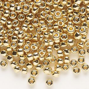 Seed bead, Dyna-Mites™, glass, opaque 24Kt gold-plated, #6 round. Sold per 40-gram pkg.