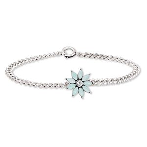 Bracelet, acrylic / glass rhinestone / silver-plated steel / "pewter" (zinc-based alloy), light blue and clear, 18x18mm flower, 7 inches with springring clasp. Sold individually.