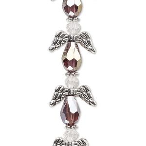 Bead, crystal and antique silver-plated "pewter" (zinc-based alloy), translucent medium purple AB and clear, 17x14mm angel. Sold per pkg of 6.