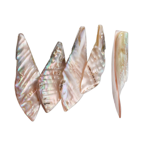 Bead, mother-of-pearl shell (natural), 57x17mm-75x28mm top-drilled leaf, Mohs hardness 3-1/2. Sold per pkg of 5. image number 0
