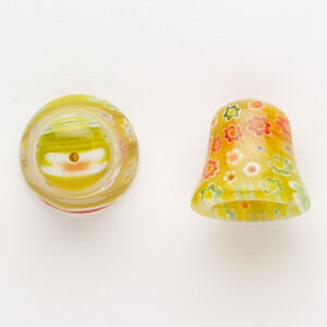 Cord end 1pkg2 millefiori glass, translucent yellow-orange, 17-18mm bell.