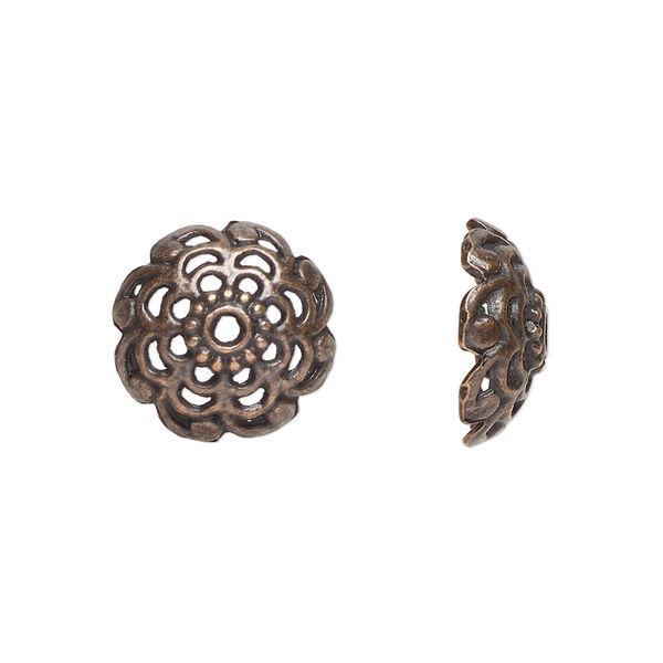 Bead cap, antiqued copper-finished "pewter" (zinc-based alloy), 15x6mm open flower round, fits 12-13mm beads. Sold per pkg of 20. image number 0
