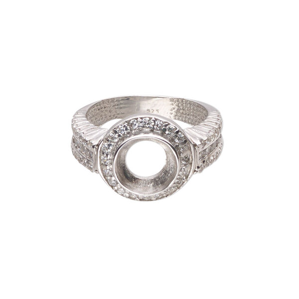 Ring, Almost Instant Jewelry®, cubic zirconia and rhodium-plated sterling silver, clear, 13mm wide with open back and SS39 or 8mm round glue-in setting, size 7. Sold individually. image number 0