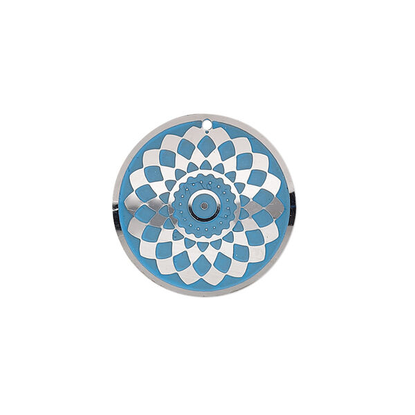 Drop, stainless steel, blue patina, 20mm single-sided domed round with diamond design. Sold per pkg of 4. image number 0