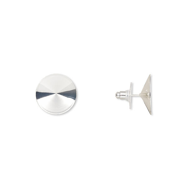 Earstud, Almost Instant Jewelry®, plastic with silver-finished brass and steel, 18.5mm round with 18mm rivoli setting. Sold per pkg of 5 pairs. image number 0