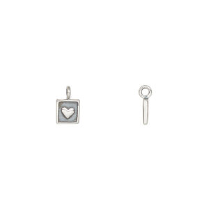 Charm 1pkg1, antiqued sterling silver, 5mm single-sided square with heart.