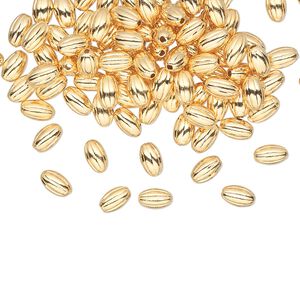 Bead, gold-plated brass, 5x3mm corrugated oval. Sold per pkg of 100.