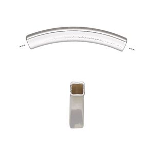 Bead, silver-finished brass, 30x4mm curved square tube. Sold per pkg of 4.